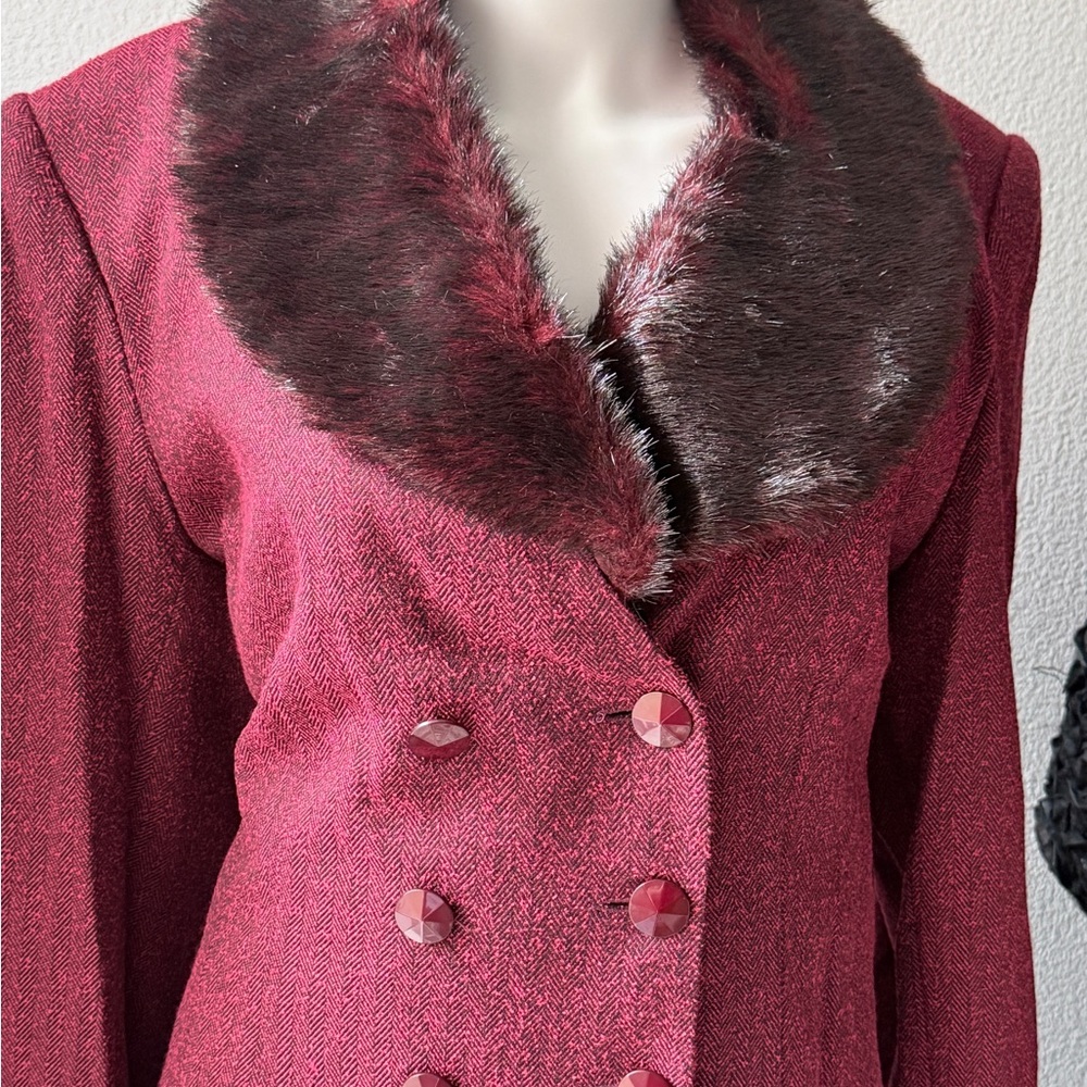 Vintage Wine Red Pea Coat with Faux Fur Collar